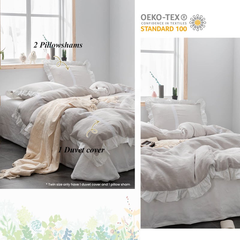 Simple&Opulence 100% Linen Duvet Cover Set (104"x92") Floral Flax King Size, Shabby Chic Ruffle Edge Lace Insert Decoration, 3 Pcs Farmhouse Bedding-1 Comforter Cover 2 Pillow Shams, Floral Grey - Image 5